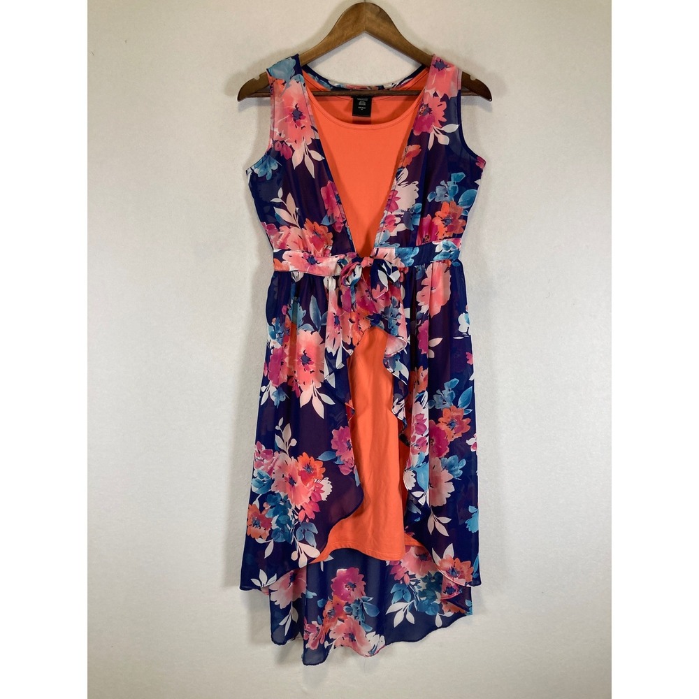 Floral Garden Paper Doll Womens 16 Navy Coral High-Low Chiffon Layered Dress